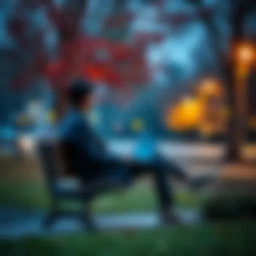 Individual sitting on a park bench, looking thoughtful while holding a laptop, symbolizing the search for meaningful work.