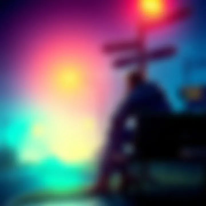 A person sitting on a bench, looking thoughtfully at a crossroad sign with multiple directions, symbolizing life's decisions.
