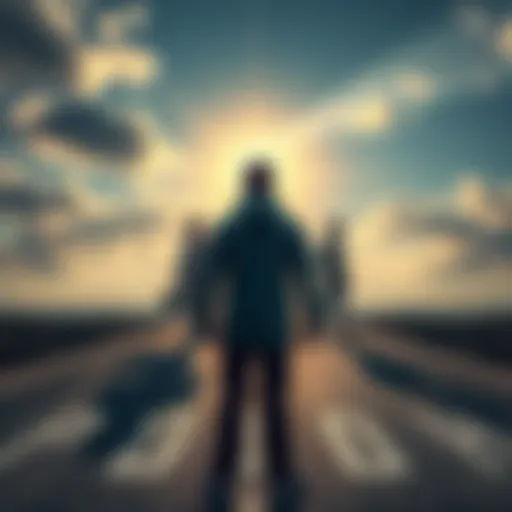 A person stands at a crossroads, pondering decisions about fame and success, with shadows representing choices behind them.