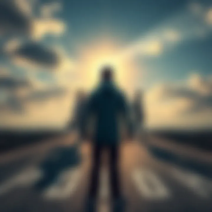 A person stands at a crossroads, pondering decisions about fame and success, with shadows representing choices behind them.