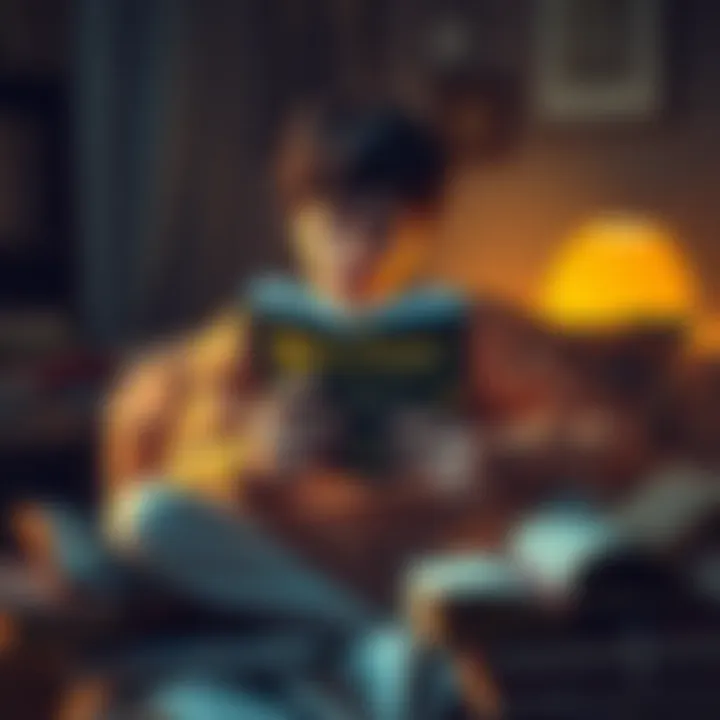 A person contemplating their favorite book A person sitting on a bed surrounded by books with a thoughtful expression, looking at a Harry Potter book
