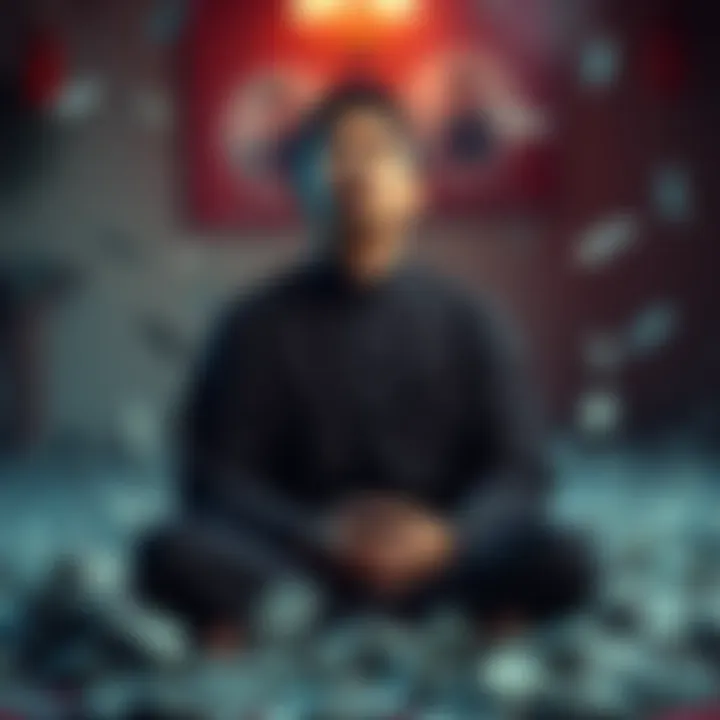 Individual sitting in meditation with a worried expression, money bills scattered around them, symbolizing financial challenges in spiritual practice.
