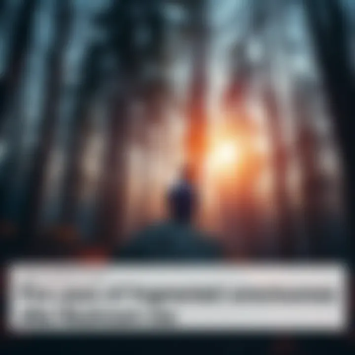 A person sits alone on a rock in a serene forest, looking lost in thought, symbolizing a struggle with fragmented consciousness after a psychedelic experience.