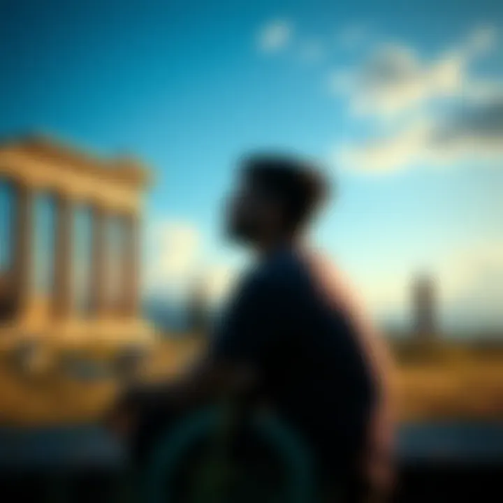 A person sitting in nature, looking thoughtful while surrounded by symbols of Greek mythology, like a laurel wreath and ancient ruins.