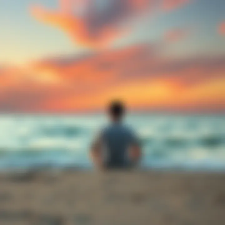 A person sitting cross-legged on a quiet beach, looking thoughtfully at the horizon, symbolizing the search for deeper meaning.
