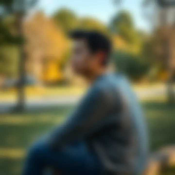 A person sitting alone in a quiet park, looking contemplative with a distant gaze, surrounded by nature, sparking reflection.