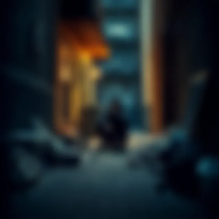 Person looking distressed in a dark alley A person sitting on a sidewalk in a dark alley, looking lost and overwhelmed, surrounded by personal belongings and signs of hardship.