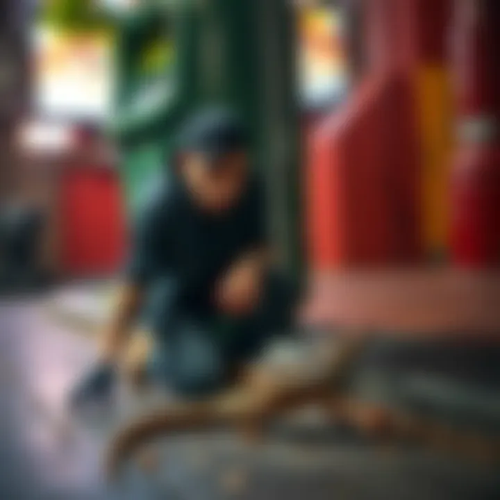 A concerned person kneeling by a bin, looking upset after accidentally hurting a small lizard on the ground