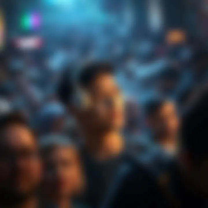 A person surrounded by a busy crowd, looking overwhelmed and tired, with a soft glow around them representing aura leakage.