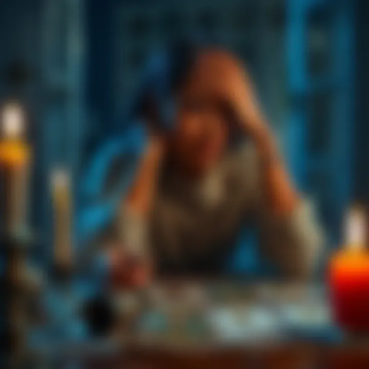 Individual sitting at a table, looking tired and lightheaded, surrounded by tarot cards and candles
