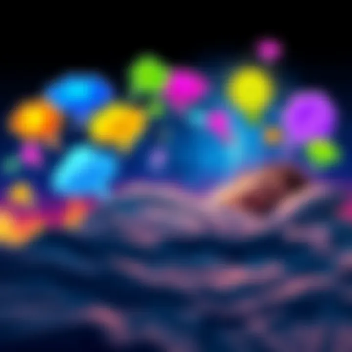 A dreamer lies in bed surrounded by colorful thought bubbles representing dreams and ideas