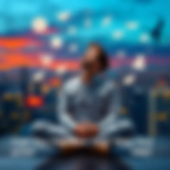 A person sitting cross-legged with their eyes closed, imagining a bright future outside the 9-5 job, with floating symbols of various professions around them.