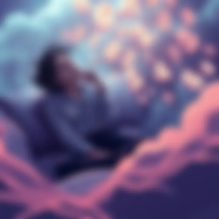 Person pondering over numbers and dreams A person sitting on a bed with a thoughtful expression, surrounded by floating numbers and dream-like clouds