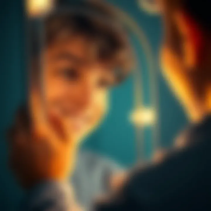 A person gazing into a mirror, admiring their droopy eyes with a smile, reflecting self-acceptance.
