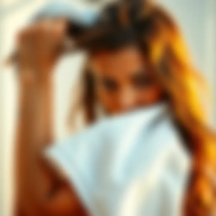 A woman is drying her long hair with a towel after a shower, showing technique and hair texture.