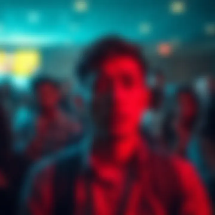 Person feeling embarrassed in a social setting A person with a red face covering their eyes in a crowded room, showing feelings of embarrassment.