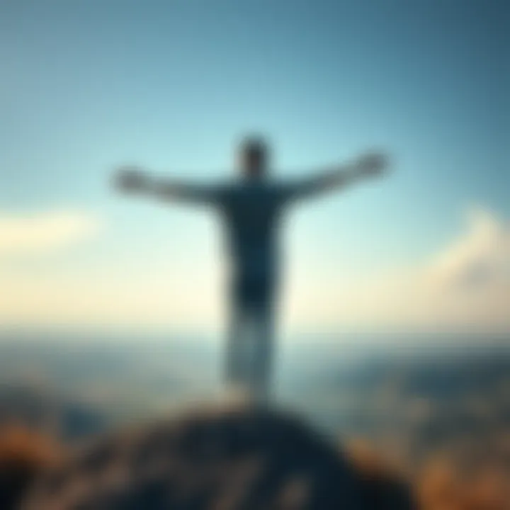 A person standing on a hilltop with arms wide open, feeling free and joyful in nature, symbolizing personal freedom and self-love.