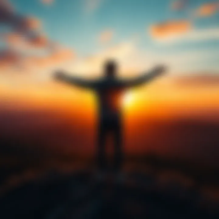 Person embracing life A person standing on a hilltop, arms wide open, looking at a beautiful sunset, symbolizing living fully and embracing purpose