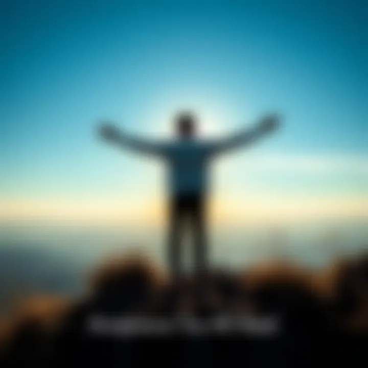 A person standing on a hilltop with arms open wide, embracing nature under a clear sky, symbolizing acceptance and peace