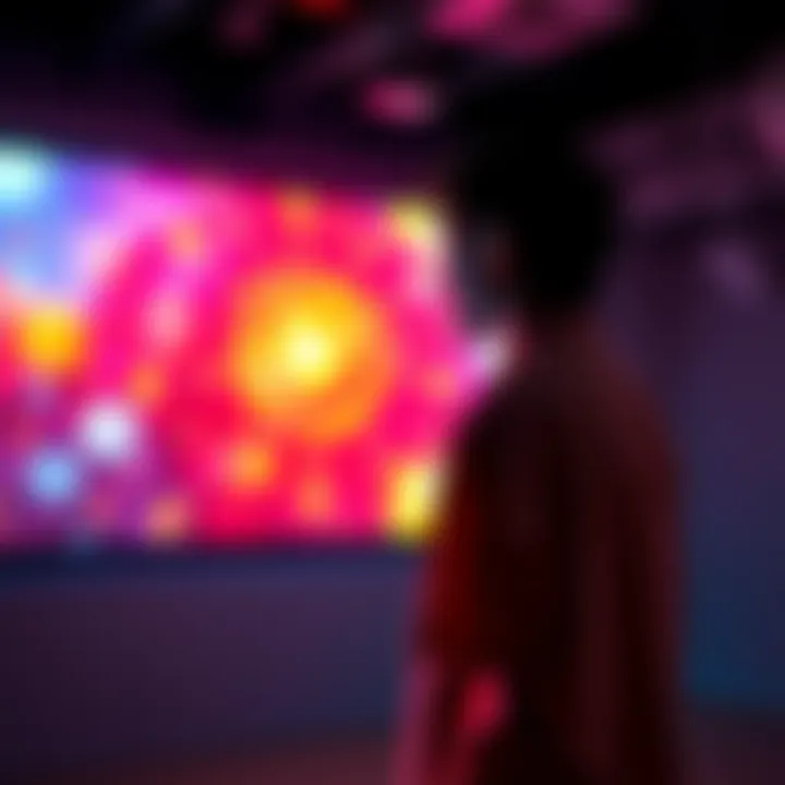 A person stands in front of a projector showing a vibrant image, deep in thought as they ponder connections and perception.
