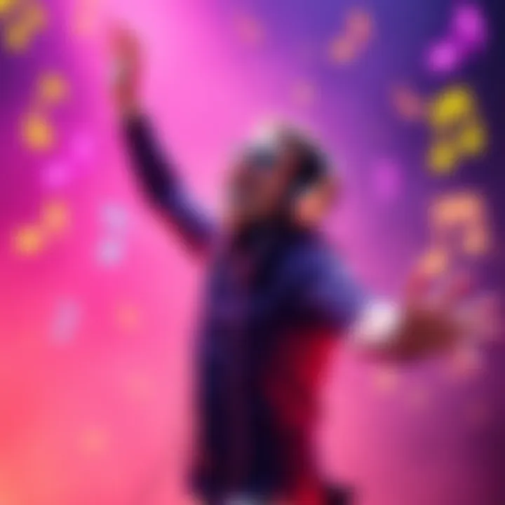 A person dancing joyfully with headphones on, surrounded by vibrant musical notes