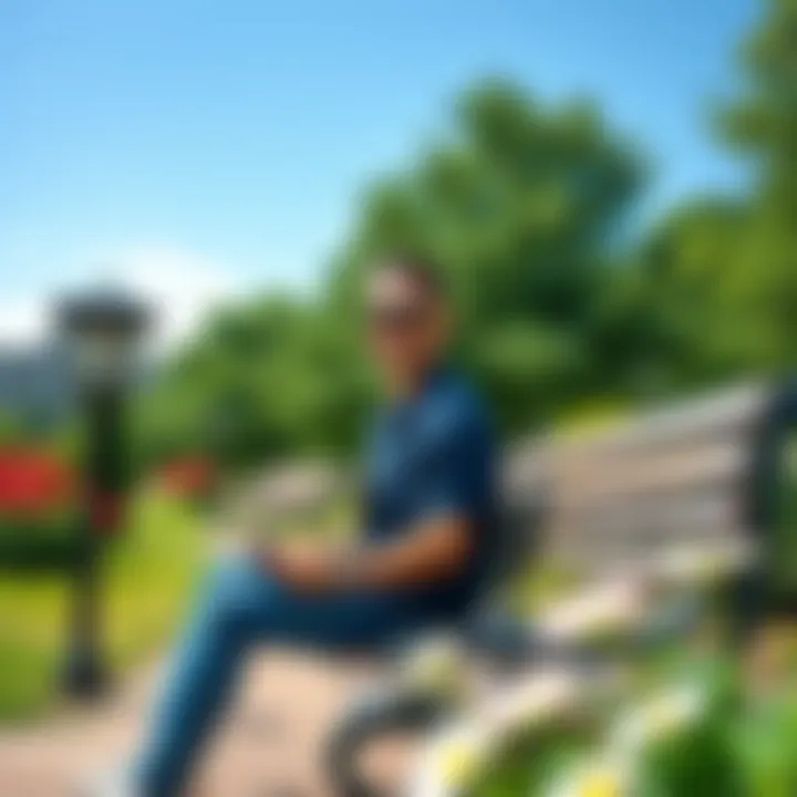 A person taking a break in a sunny park, sitting on a bench and smiling, surrounded by greenery and flowers