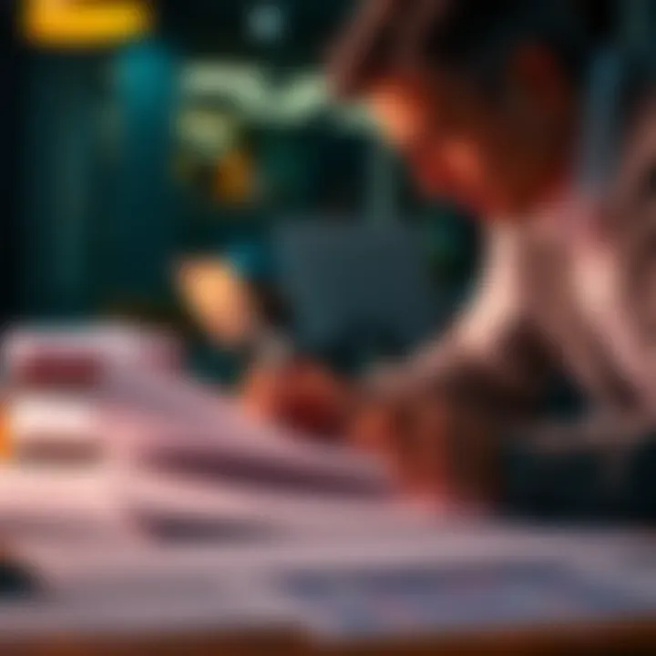 A person analyzing documents on a table, looking for connections between them.