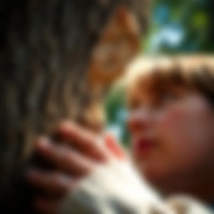 A person examining a tree trunk, noticing the details like texture and small insects