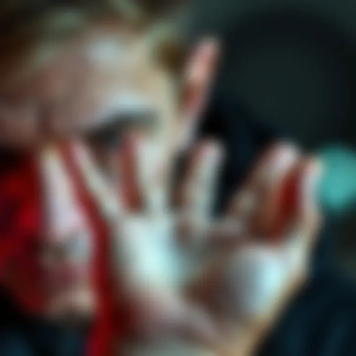 A person looks closely at their palm, focusing on the simian line with curiosity and thoughtfulness.