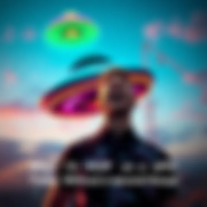 Person excited to board a UFO A cheerful person looking at a colorful UFO in the sky with excitement and curiosity