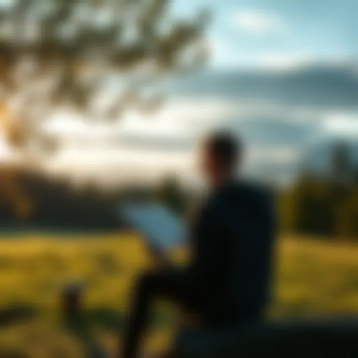 A person sitting in a peaceful outdoor setting, reading about paganism and reflecting on spirituality.