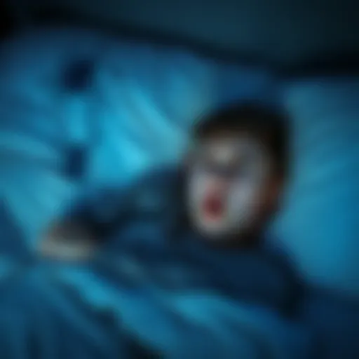A young individual in bed, visibly scared, with shadows of spiders in the background, representing hallucinations during sleep.