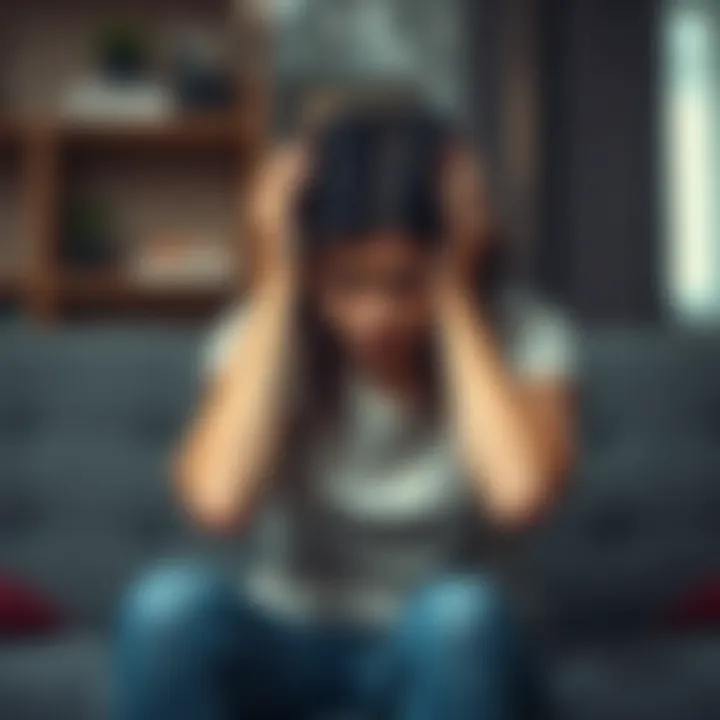 A person sitting on a couch with a worried expression, holding their head in their hands, conveying feelings of anxiety and panic.