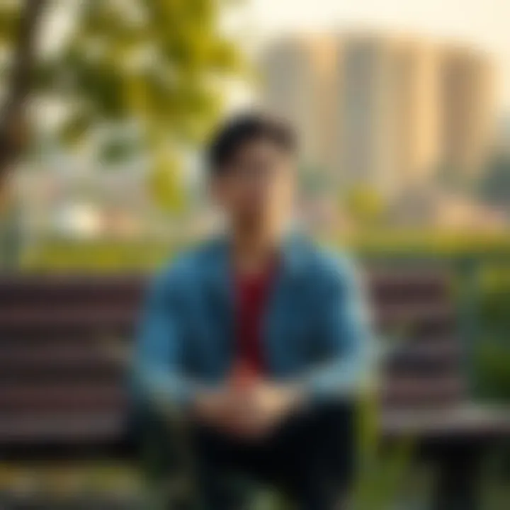 A person sits on a bench with a thoughtful expression, surrounded by nature, reflecting on new feelings and emotions