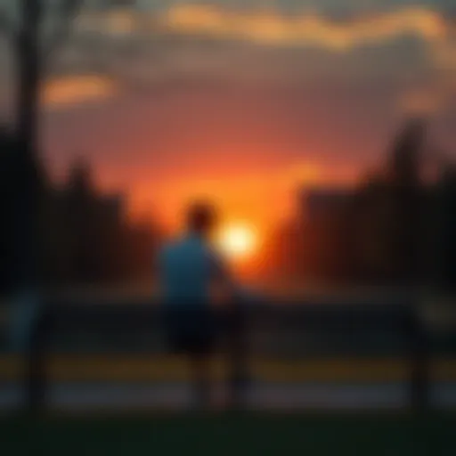 A person sitting alone on a park bench, looking sad and empty after giving support to others, with a warm sunset in the background.