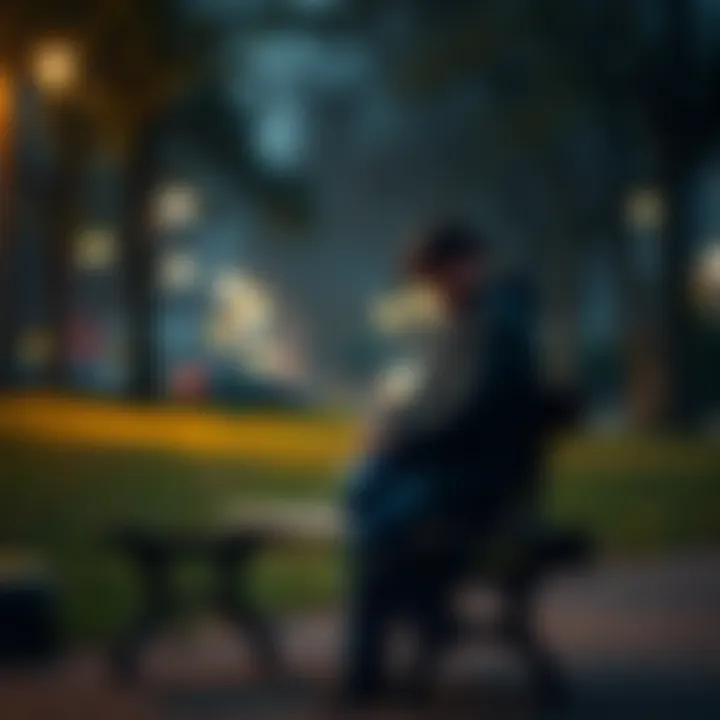 A person sitting alone on a park bench, looking down with a sad expression, symbolizing feelings of alienation and insecurity.