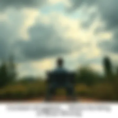 Person feeling overwhelmed A person sitting alone on a bench, looking contemplative and stressed, surrounded by nature. The sky is cloudy, reflecting their emotional struggle.