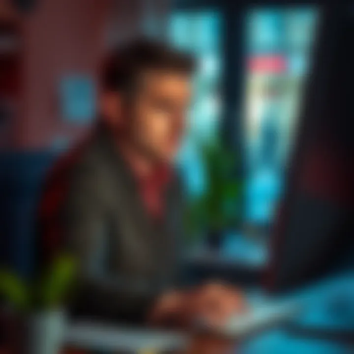 A person sitting at a desk with a worried expression, looking tired and unwell while working on a computer