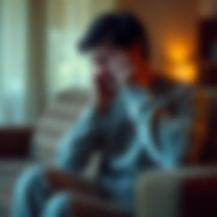 A person sitting on a couch with a pained expression, holding their head in their hands, indicating symptoms like nausea and fatigue after reconnecting with family.