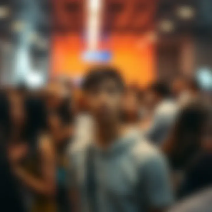Person feeling watched in a crowd A person looking around nervously in a busy room, sensing being observed by others