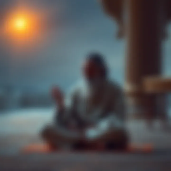 A person is sitting cross-legged, looking thoughtfully at their hands with a serene expression, surrounded by a calm setting.
