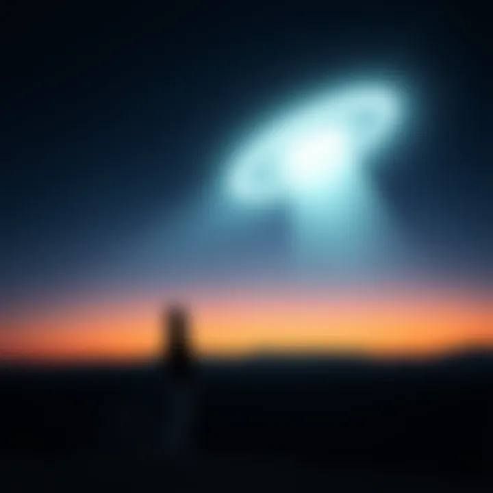 Person gazing at a strange light in the sky A person stands alone at night, looking up at a bright, unusual light hovering above them.