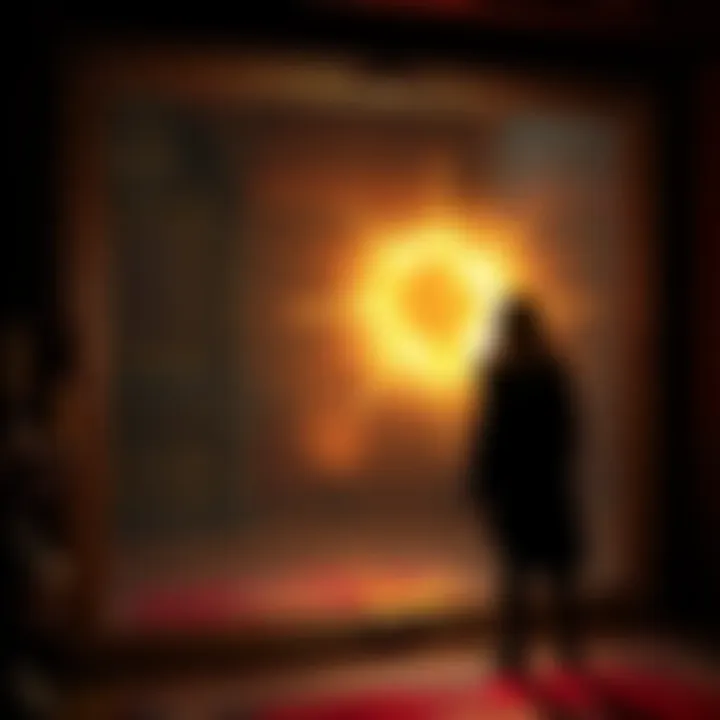 A person stands in front of a large mirror, focusing intently as the reflection shows a mystical glow, symbolizing rituals for predicting the future.