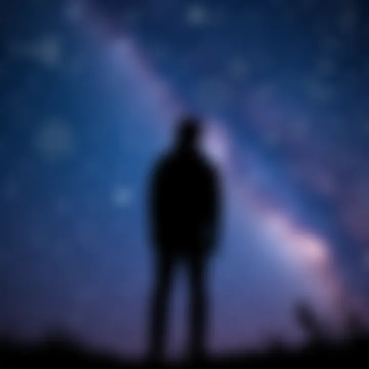 A person standing outside, looking up at a starry sky filled with bright stars and constellations, reflecting on their experiences with starseed identity.
