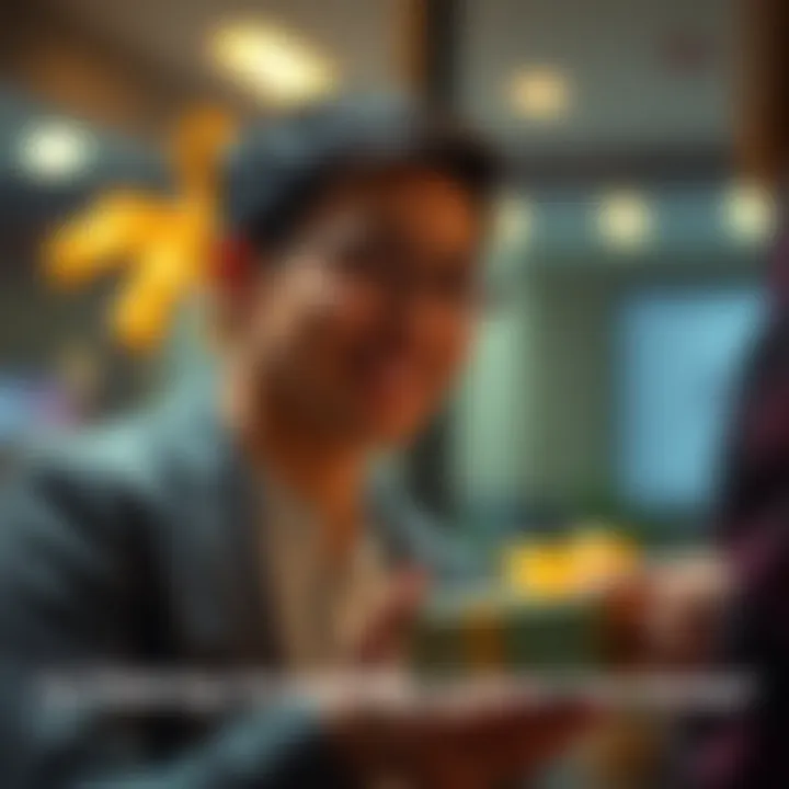 A person smiles while handing a present to someone, showing a moment of kindness and generosity