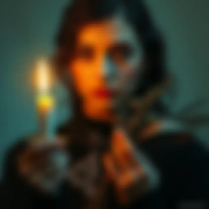 A person holding a candle and herbs A person with a serious expression holds a lit candle and a bundle of herbs, contemplating a decision about hexing someone who has hurt them.