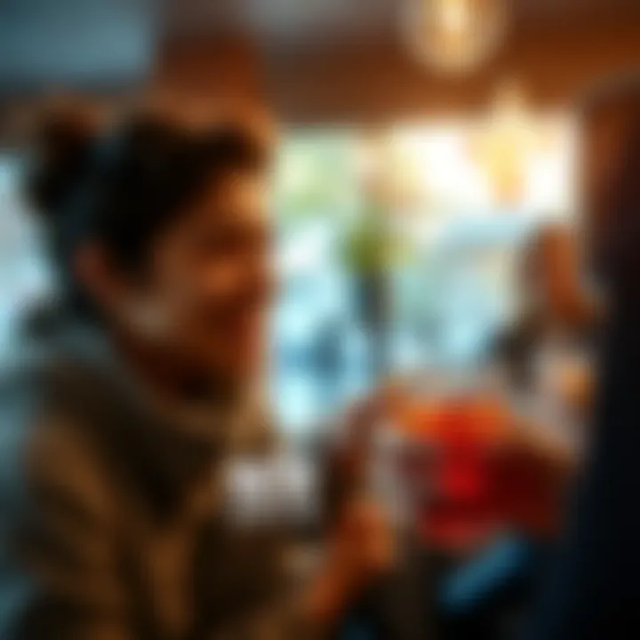 A person enjoying a drink, exuding feelings of love and kindness, surrounded by friends in a cozy setting