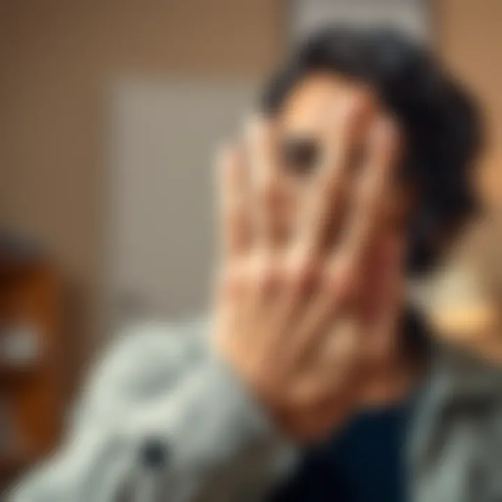 Person holding their dominant hand looking puzzled A concerned person examining their dominant hand, showing signs of unusual sensations and seeking help