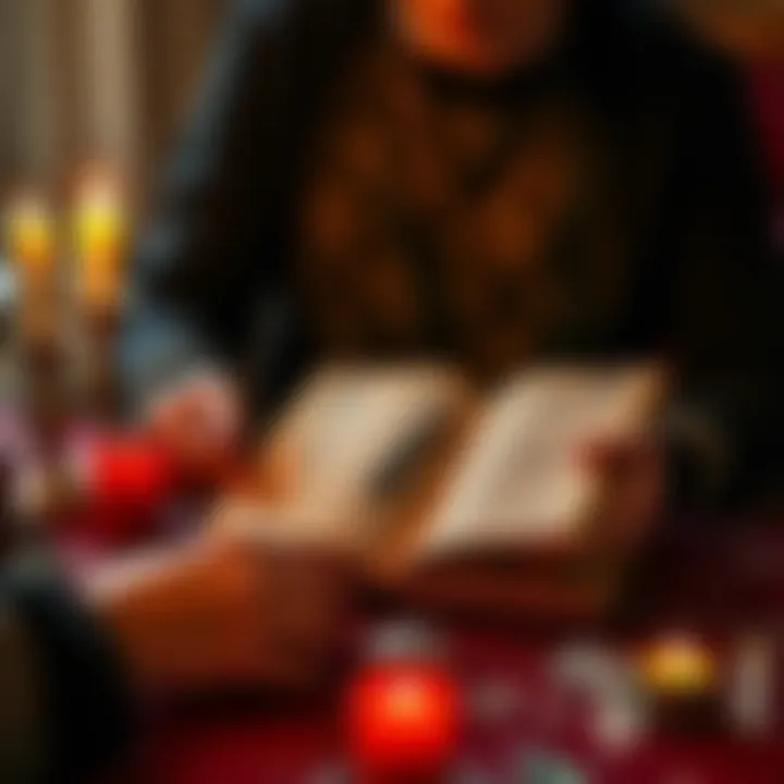 Individual examining an open love spell book with candles and crystals on a table