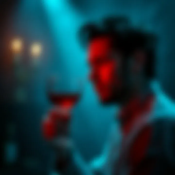 Individual looking thoughtfully at a wine goblet in a dimly lit room, evoking feelings of nostalgia and contemplation of ancient rituals.